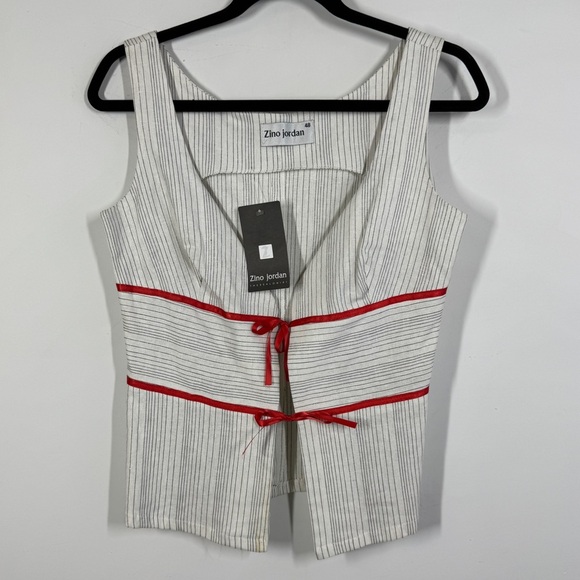 Zino Jordan White Pinstripe Linen Vest Red Tie Detail Size 48 EU Chic Top - Picture 2 of 10